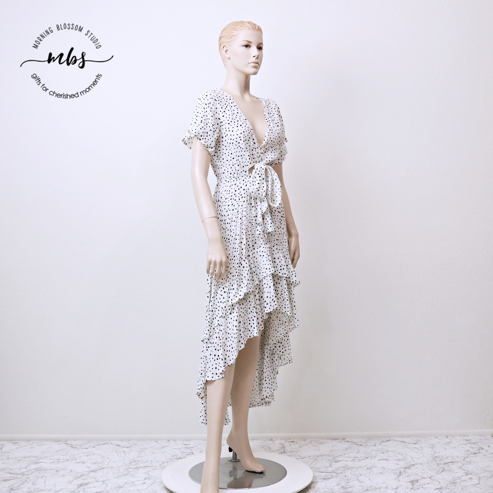 Kivari Capri Tie Front High Low Polka Dot Midi Dress White Black Women XS